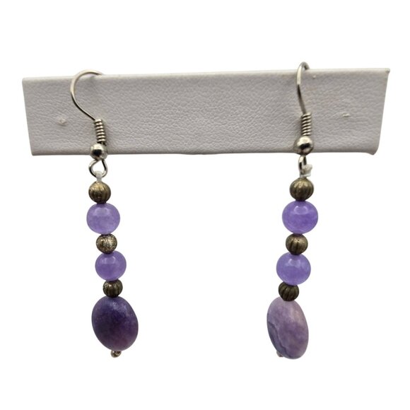 Purple Beaded Drop Dangle Earrings Amethyst Stacked Beaded Boho Round Hook Back - Picture 1 of 7